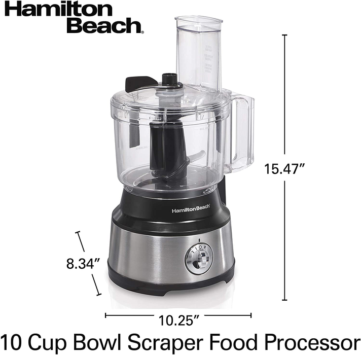 Hamilton Beach Food Processor & Vegetable Chopper for Slicing, Shredding, Mincing, and Puree, 10 Cups - Bowl Scraper, Stainless Steel