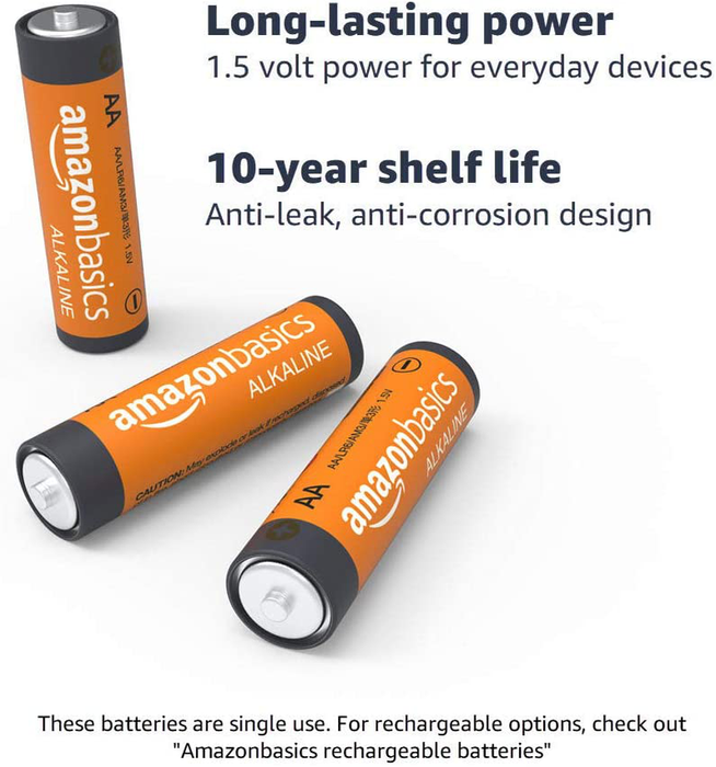 Amazon Basics 4 Pack AA High-Performance Alkaline Batteries, 10-Year Shelf Life, Easy to Open Value Pack