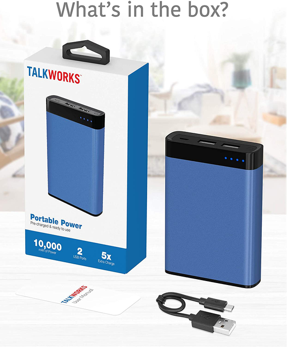 TALK WORKS Portable Charger Power Bank USB Battery Pack 10000 mAh - External Cell Phone Backup Supply for Apple iPhone 13, 12, 11, XR, XS, X, 8, 7, 6, SE, iPad, Android for Samsung Galaxy - Blue