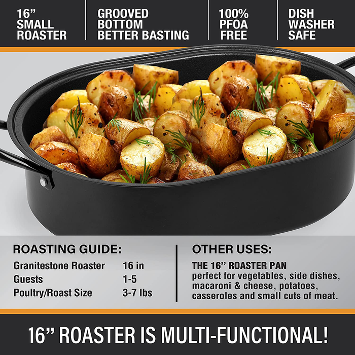 Granite Stone Oval Roaster Pan, Small 16” Ultra Nonstick Roasting Pan with Lid, Grooved Bottom for Basting, Broiler Pan for Oven, Dishwasher Safe, Up to 7lb Poultry / Roast, Serves 1- 5, PFOA Free