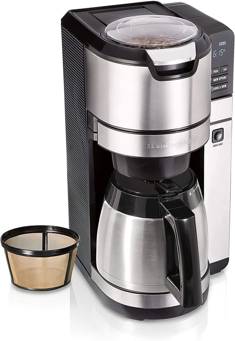 Hamilton Beach Programmable Coffee Maker with Built-in Auto-Rinsing Beans Grinder and Thermal Carafe, 10 Cups, Stainless Steel (45501)