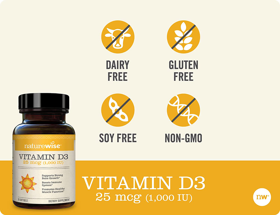 NatureWise Vitamin D3 1000iu (125 mcg) 1 Month Supply for Healthy Muscle Function, Bone Health and Immune Support, Non-GMO, Gluten Free in Cold-Pressed Olive Oil, Packaging May V, 30 Count
