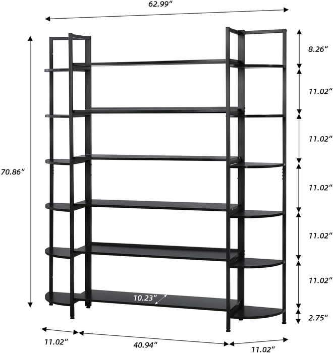 MELLCOM Triple Wide 6-Tier Bookshelf, Industrial Rustic Wood and Metal Bookcase, 6-Shelf Modern Home Decor Standing Metal Frame Book Shelves Furniture for Home & Office, Black