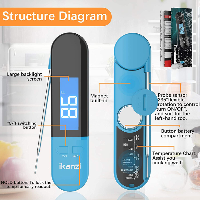 Meat Thermometer for Cooking Food Thermometer Digital Instant Read Kitchen Cooking Thermometer with Backlight LCD for Grilling/BBQ/Baking/Candy/Liquids/Oil(Blue)