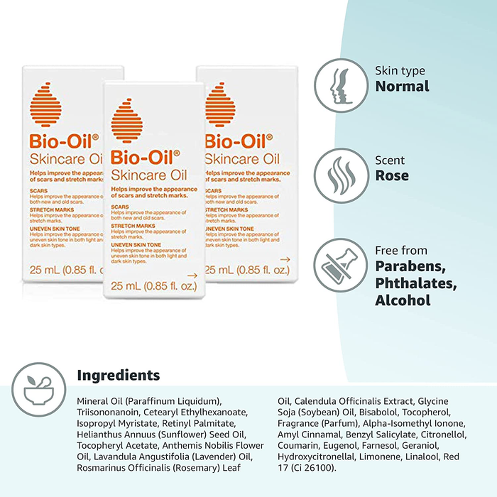 Bio-Oil Skincare Oil, Body Oil for Scars and Stretch Marks, Hydrates Skin, Non-Greasy, Dermatologist Recommended, Non-Comedogenic, Travel Size, 0.85 Ounces, Pack of 3, For All Skin Types, Vitamin A, E