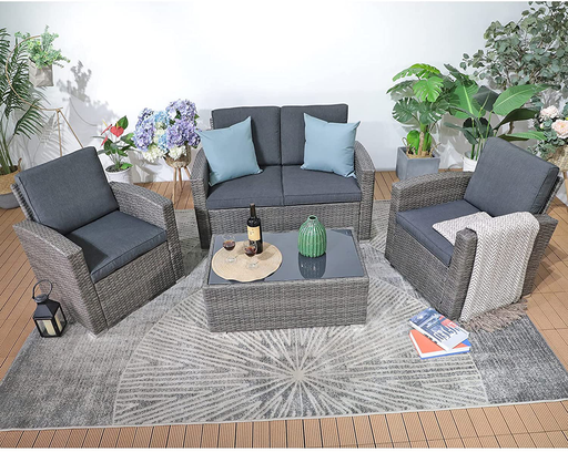 JOIVI Patio Furniture Set, 4 Piece Outdoor Patio Conversation Set, All-Weather PE Rattan Wicker Sectional Patio Sofa Set with Tempered Glass Coffee Table, Dark Gray