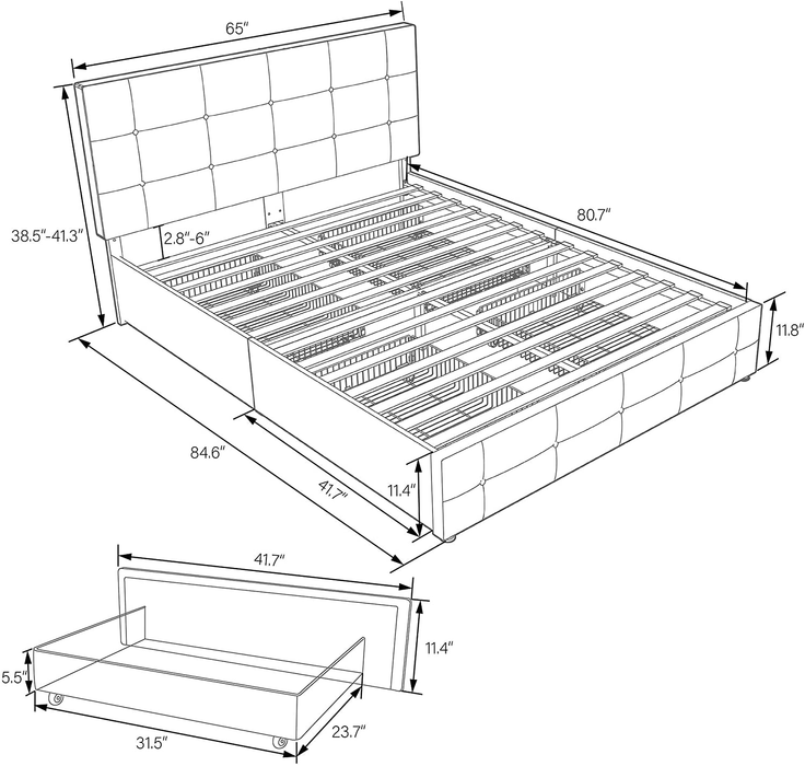 Allewie Queen Platform Bed Frame with 4 Drawers Storage and Headboard, Square Stitched Button Tufted Upholstered Mattress Foundation with Wood Slat Support, No Box Spring Needed, Light Grey