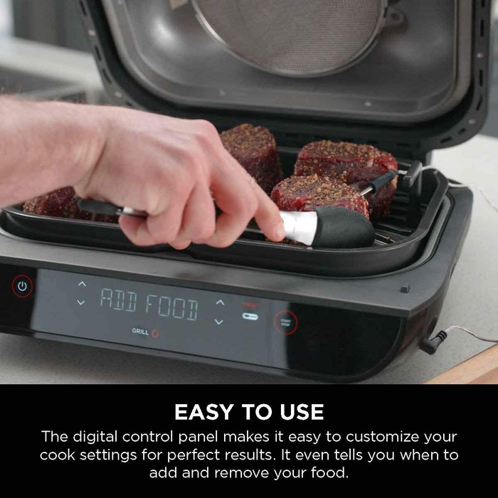 Ninja FG551 Foodi Smart XL 6-in-1 Indoor Grill with 4-Quart Air Fryer Roast Bake Dehydrate Broil and Leave-In Thermometer, with Extra Large Capacity, and a Stainless Steel Finish