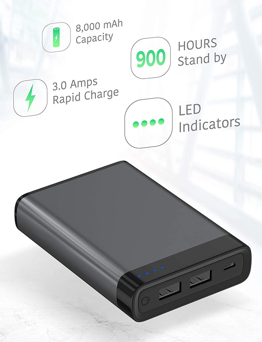TALK WORKS Portable Charger Power Bank USB Battery Pack 8000 mAh - External Cell Phone Backup Supply for Apple iPhone 12, 11, XR, XS, X, 8, 7, 6, SE, iPad, Android for Samsung Galaxy - Space Grey