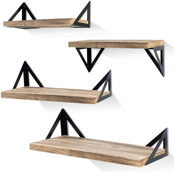 Klvied Floating Shelves Wall Mounted Set of 4, Rustic Wood Wall Shelves, Storage Shelves for Bedroom, Living Room, Bathroom, Kitchen, Office and More, Carbonized Black