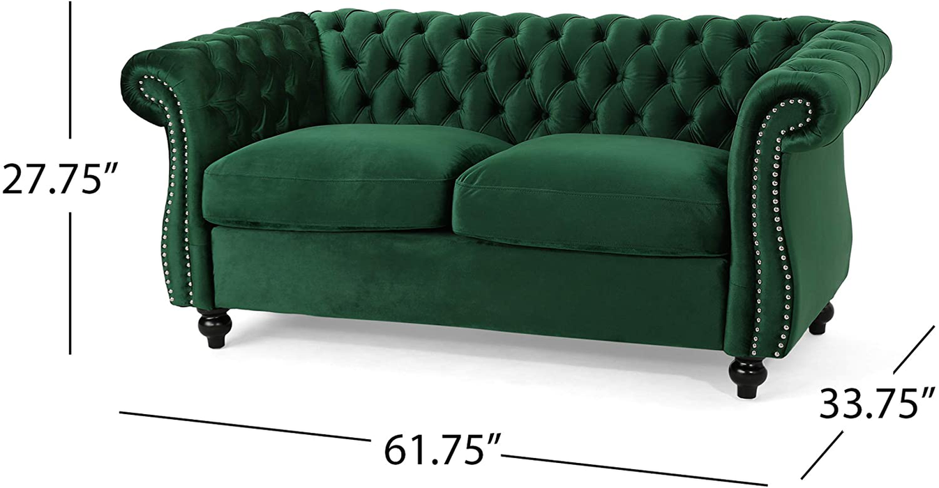 GDFStudio Christopher Knight Home 61 75 X 33 27 Karen Traditional Chesterfield Loveseat Sofa, Emerald and Dark Brown, 61.75 x 33.75 x 27.75