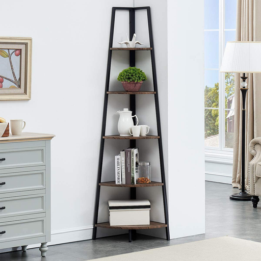 O&K FURNITURE 5-Shelf Corner Etagere Bookcase for Small Space, Industrial Tall Corner Bookshelf, Gray-Brown Finish