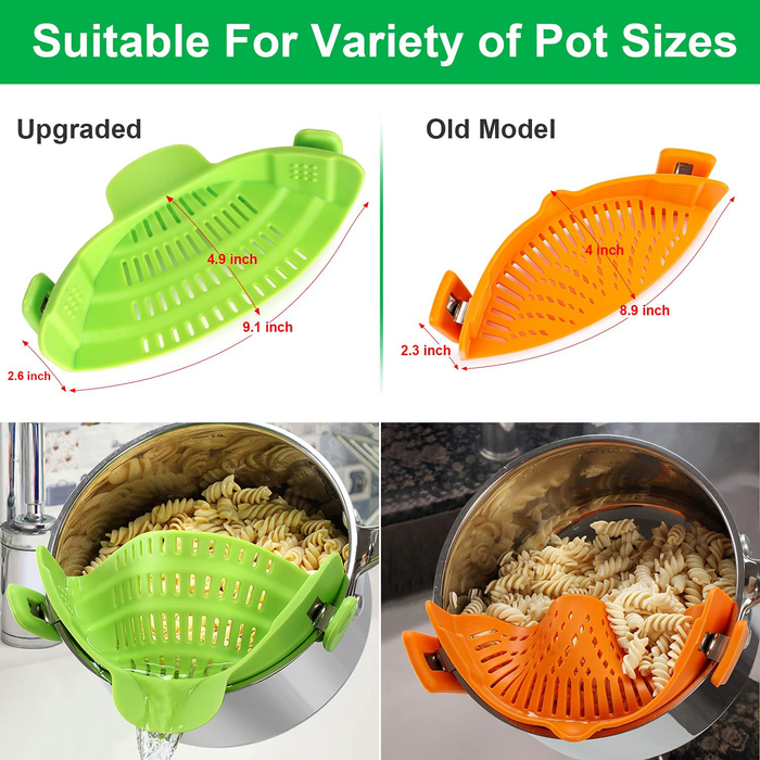 Upgraded Clip on Pot Strainer Silicone Colander Hands-free Drainer Kitchen Gadgets, Heat Resistant for Pasta Spaghetti Meat Grease Fits Pots Pans Bowls, Green