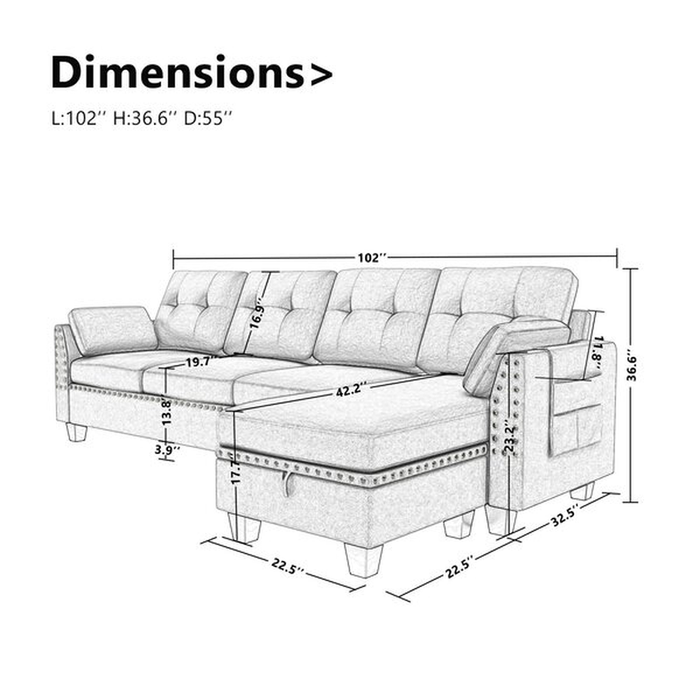 Sylvette 102" Wide Reversible Sofa & Chaise with Ottoman