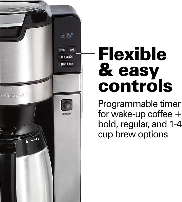 Hamilton Beach Programmable Coffee Maker with Built-in Auto-Rinsing Beans Grinder and Thermal Carafe, 10 Cups, Stainless Steel (45501)