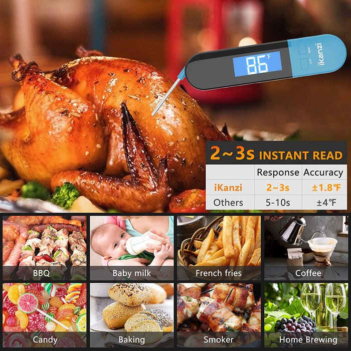 Meat Thermometer for Cooking Food Thermometer Digital Instant Read Kitchen Cooking Thermometer with Backlight LCD for Grilling/BBQ/Baking/Candy/Liquids/Oil(Blue)