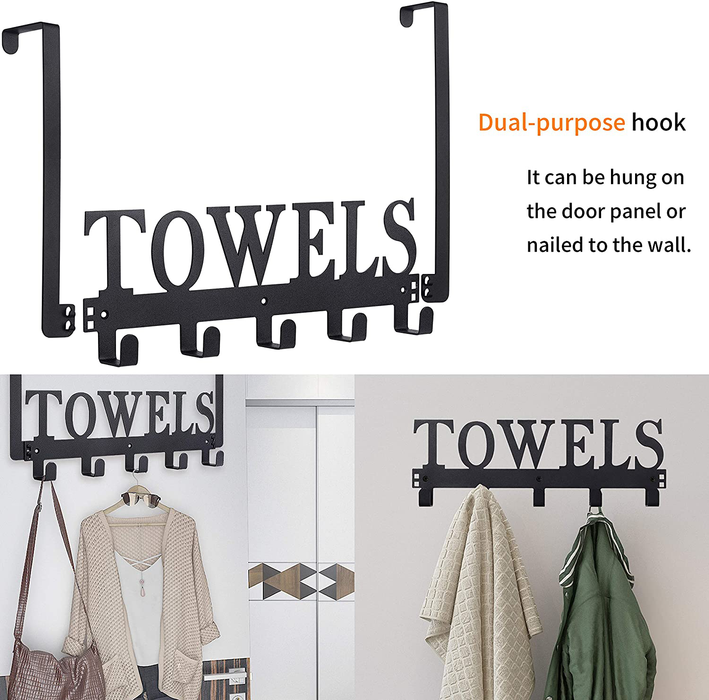 Over The Door Hooks, Towel Holder for Bathroom, Door Mount Towel Rack Towel Hooks for Bedroom Kitchen Pool Beach Towels Bathrobe Wall Mount Hang on The Door Cabinet Cupboard Metal Sandblasted (Black)