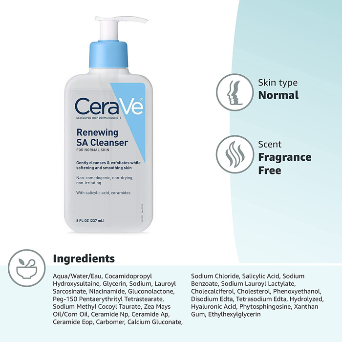 CeraVe SA Cleanser | Salicylic Acid Face Wash with Hyaluronic Acid, Niacinamide & Ceramides| BHA Exfoliant for Face | 8 Ounce