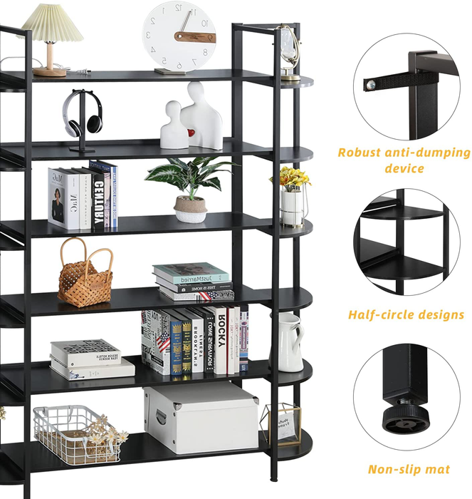 MELLCOM Triple Wide 6-Tier Bookshelf, Industrial Rustic Wood and Metal Bookcase, 6-Shelf Modern Home Decor Standing Metal Frame Book Shelves Furniture for Home & Office, Black