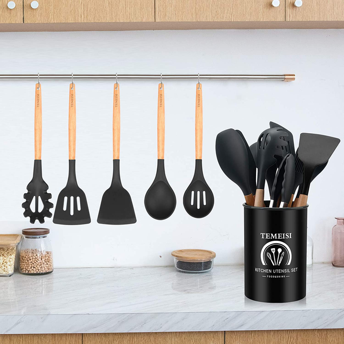 TEMEISI Silicone Cooking Utensils Set, 34 Pcs Wooden Handles Heat Resistant Kitchen Utensils Set, Kitchen Tools Set Include Turner Tongs Spatula Spoon Utensil Holder Kitchen Gadgets (Black Gray)