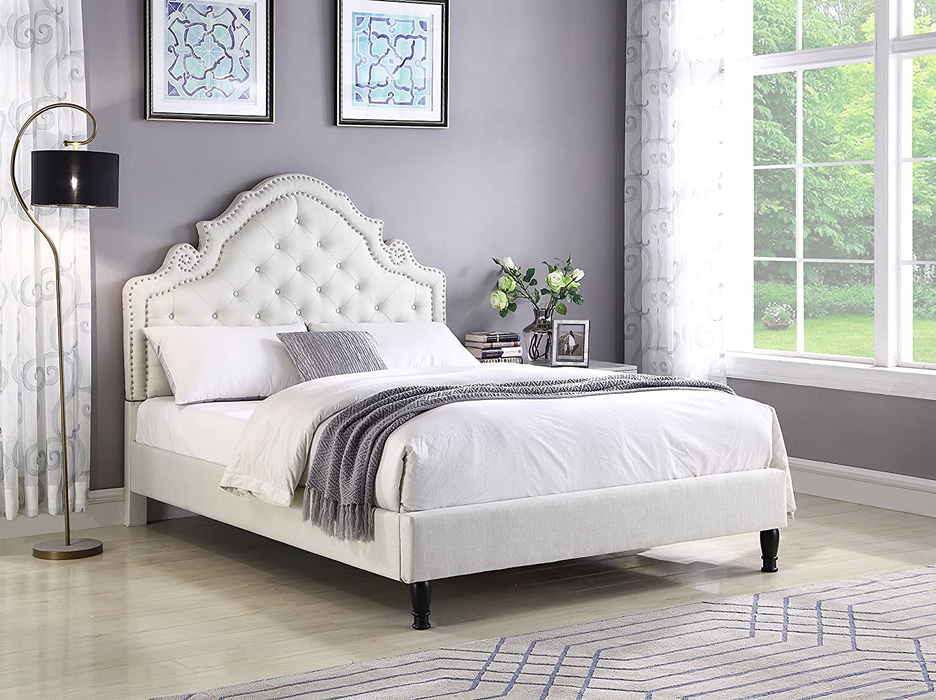 HomeLife Premiere Classics 51" Tall Platform Bed with Cloth Headboard and Slats - Queen (Light Beige Linen)