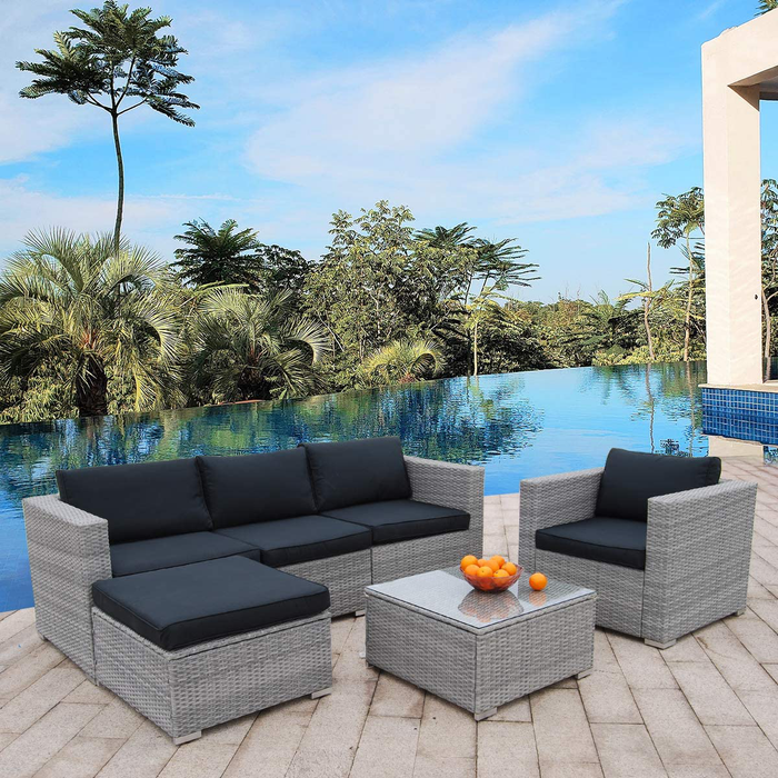 Polar Aurora 6pcs Patio Furniture Set PE Gray Rattan Wicker Sectional Outdoor Sofa Set Outside Couch w/Black Washable Seat Cushions & Modern Glass Coffee Table