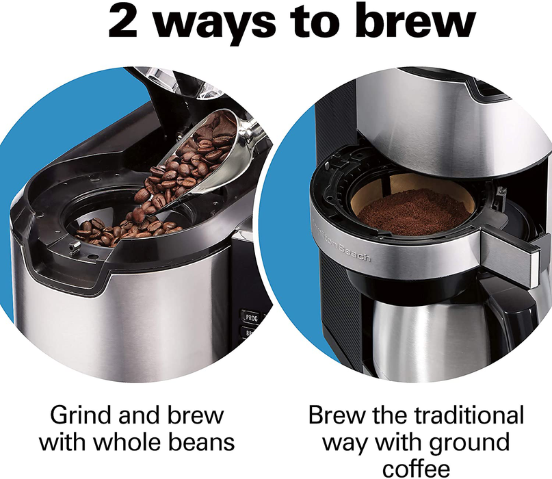 Hamilton Beach Programmable Coffee Maker with Built-in Auto-Rinsing Beans Grinder and Thermal Carafe, 10 Cups, Stainless Steel (45501)
