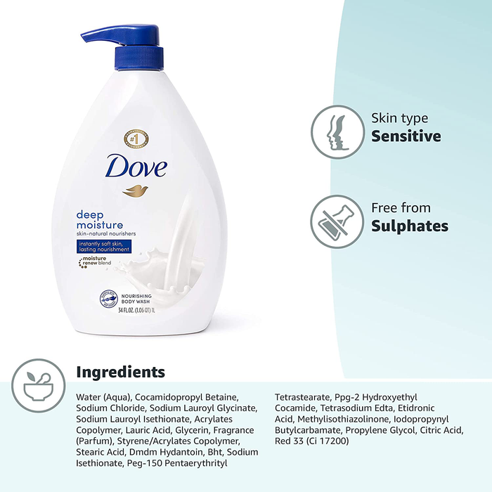 Dove Body Wash with Pump with Skin Natural Nourishers for Instantly Soft Skin and Lasting Nourishment Deep Moisture Cleanser That Effectively Washes Away Bacteria While Nourishing Your Skin 34 oz