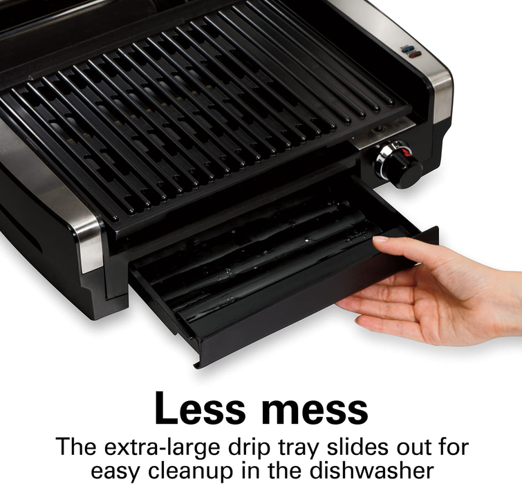 Hamilton Beach Electric Indoor Searing Grill with Viewing Window and Removable Easy-to-Clean Nonstick Plate, 6-Serving, Extra-Large Drip Tray, Stainless Steel (25361)