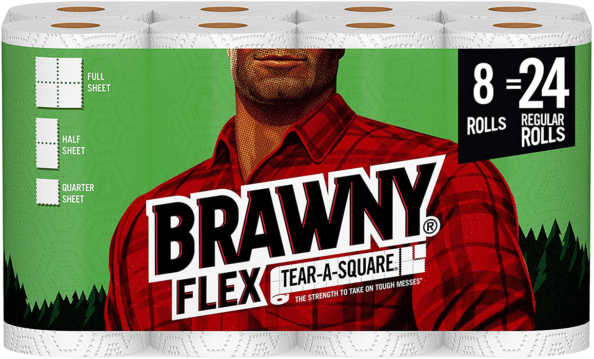 Brawny Flex Paper Towels, 8 Triple Rolls = 24 Regular Rolls, Tear-A-Square, 3 Sheet Size Options, Quarter Size Sheets, 8 Count