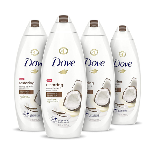 Dove Purely Pampering Body Wash for Dry Skin Coconut Butter and Cocoa Butter Effectively Washes Away Bacteria While Nourishing Your Skin 22 oz, 4 count