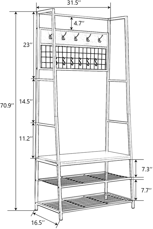 Allewie Industrial 70.9'' Hall Tree with 3-Tier Storage Shelves, Entryway Organizer, Metal Frame Coat Rack Shoe Bench with Removable Hooks, Easy Assembly