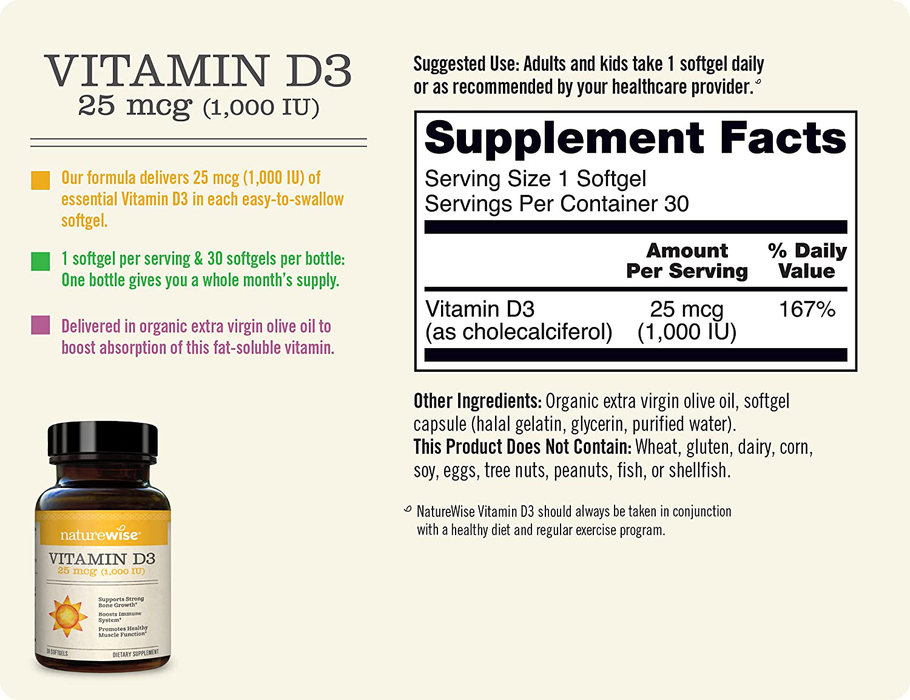 NatureWise Vitamin D3 1000iu (125 mcg) 1 Month Supply for Healthy Muscle Function, Bone Health and Immune Support, Non-GMO, Gluten Free in Cold-Pressed Olive Oil, Packaging May V, 30 Count